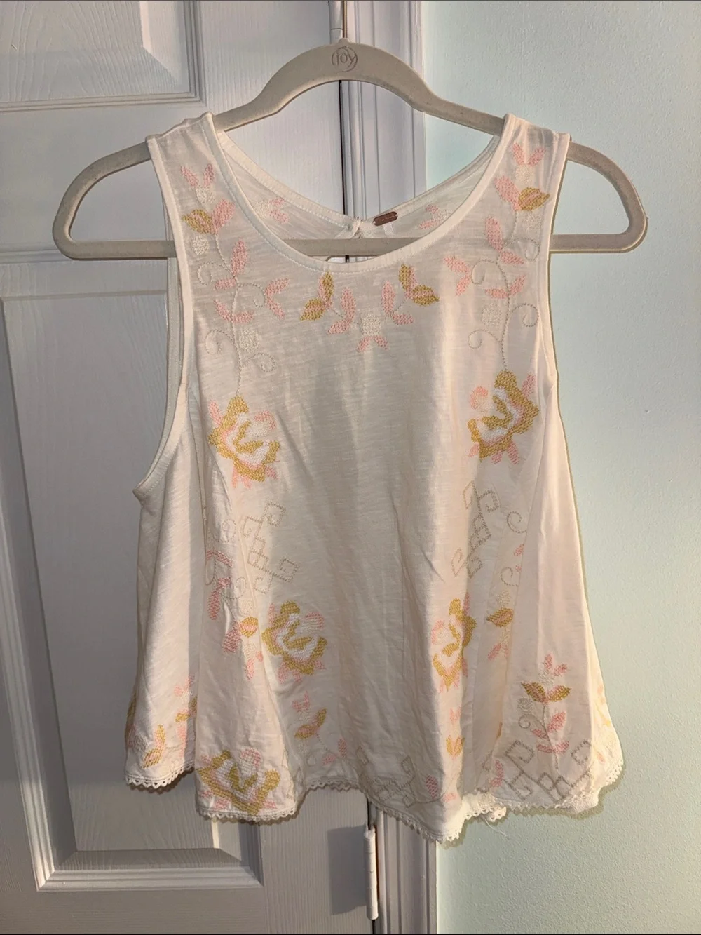 Free People White Tank Top with Pink and Yellow Floral Embroidery